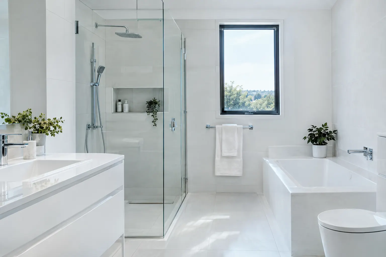 Blitzblankes Badezimmer mit weissen Fliesen und Glasdusche