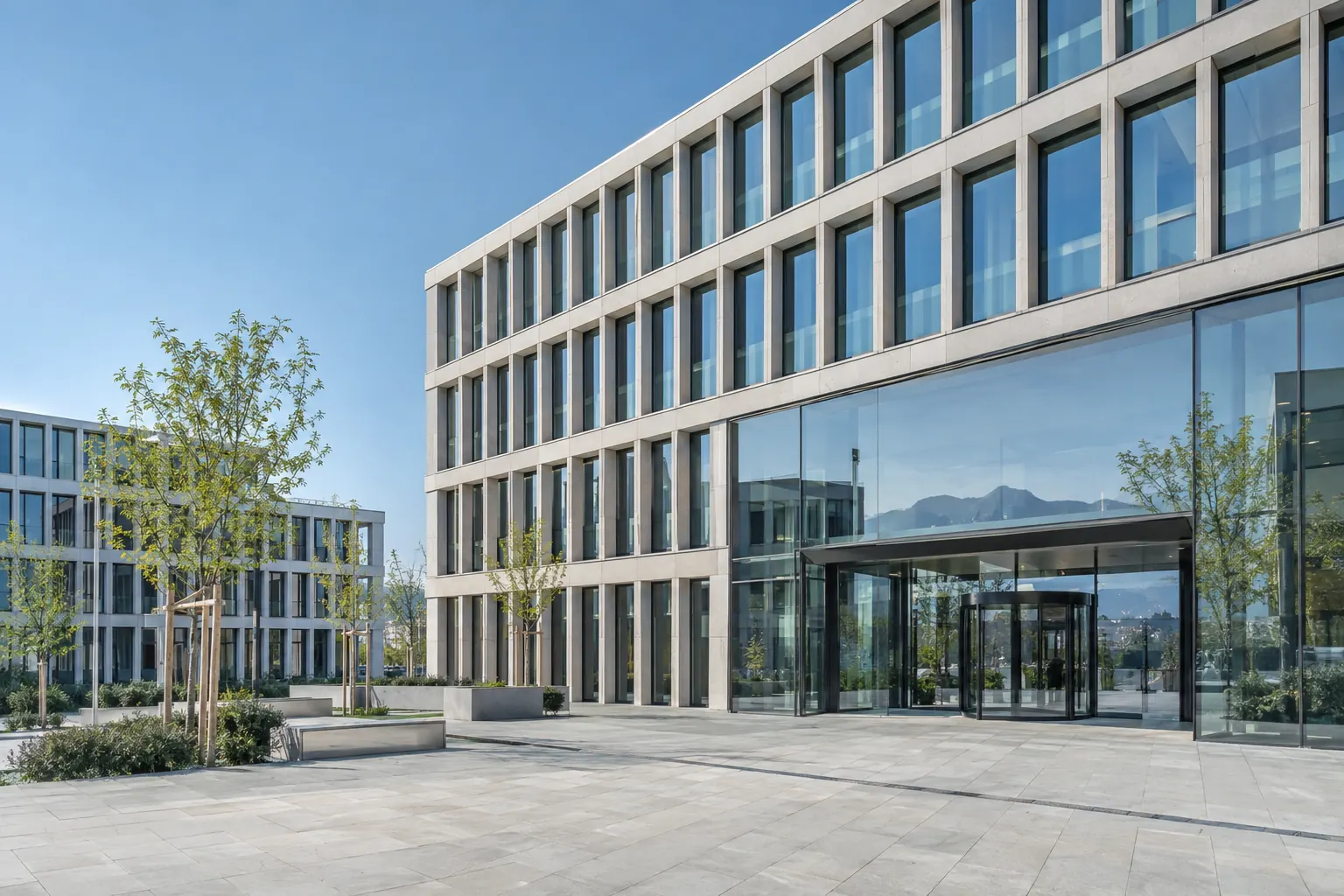 Modernes Bürogebäude mit heller Glas- und Steinfassade und gepflegtem Vorplatz