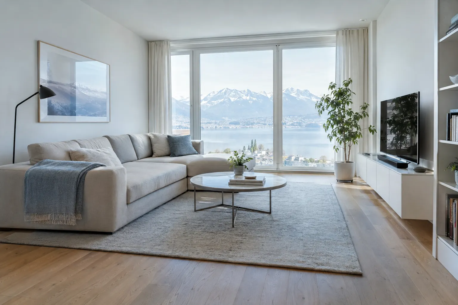 Helles, aufgeräumtes Wohnzimmer mit Parkettboden und grossem Fenster