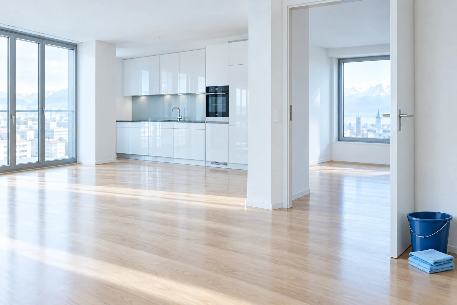 Leere, frisch gereinigte Wohnung mit Parkettboden und heller Küche
