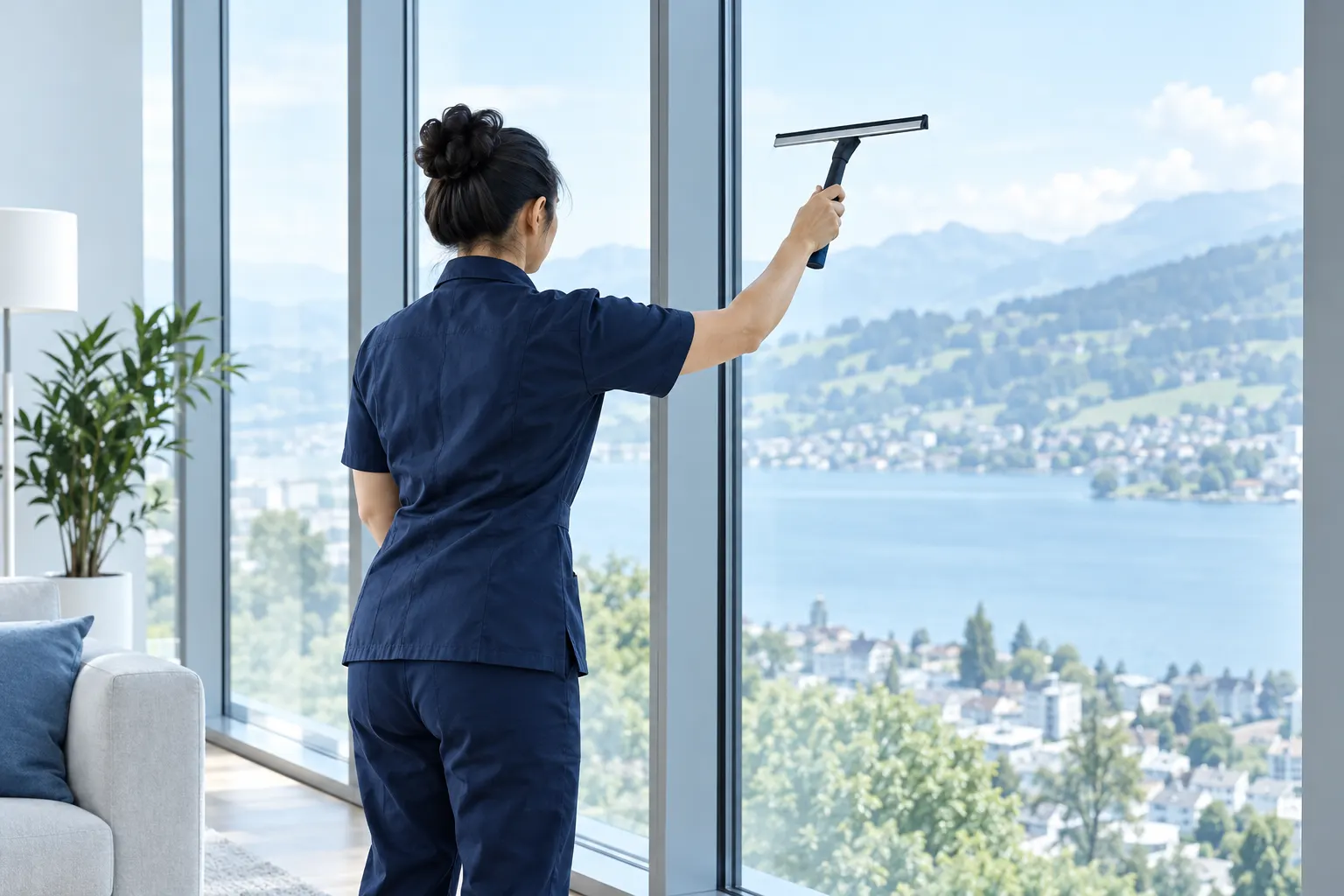 Reinigungskraft reinigt eine grosse Fensterfront mit einem Abzieher